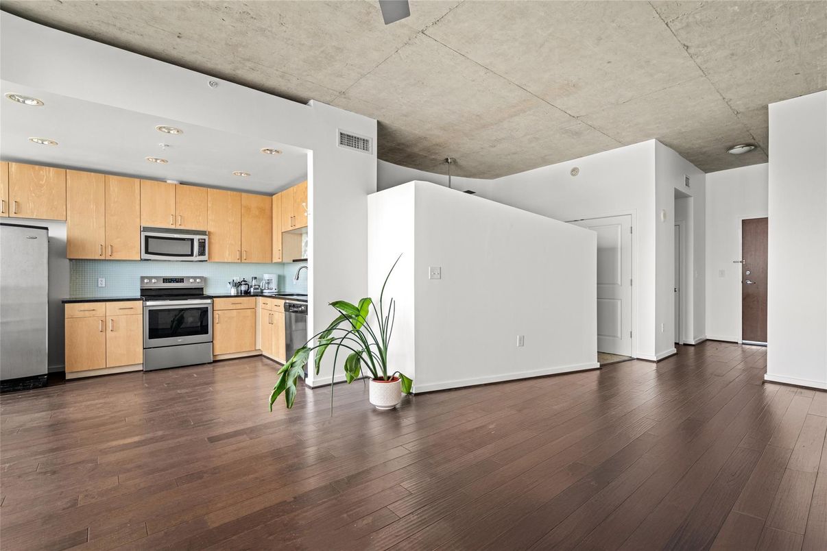 Interior, Kitchen, Recessed Lighting, Stainless Steel Appliances, Wood Texture Flooring