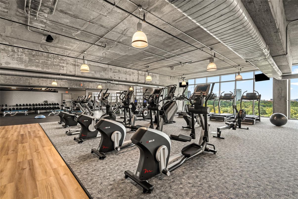Fitness Equipment, Gym, Interior, Pendant Lights, Wood Texture Flooring