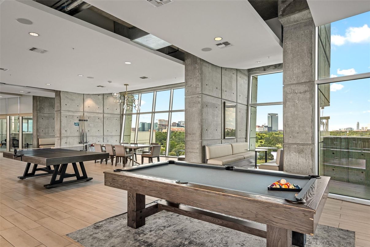 Billiard Table, Game Room, Interior, Pendant Lights, Recessed Lighting, Wood Texture Flooring