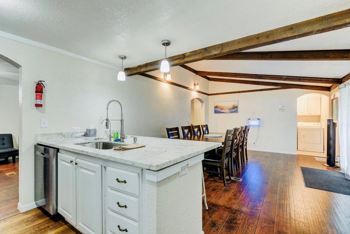 Interior, Kitchen, Pendant Lights, Wooden Beams, Wood Texture Flooring