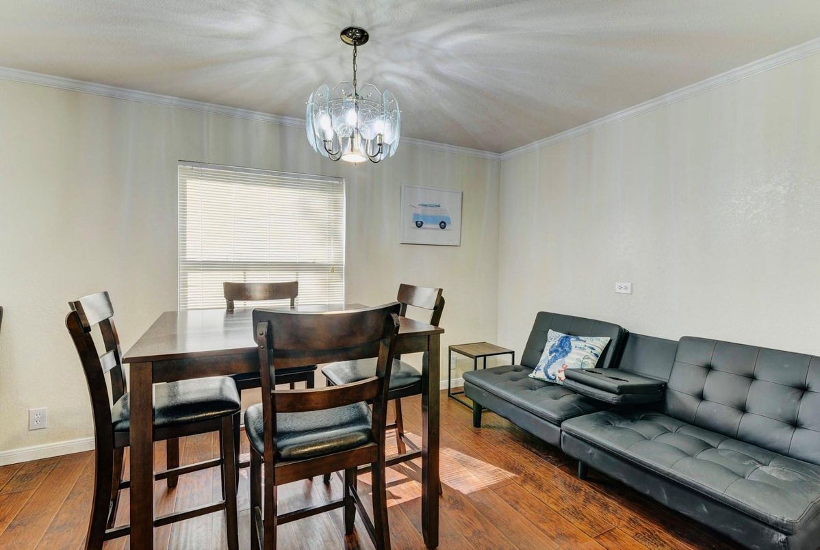 Dining room, Interior, Pendant Lights, Wood Texture Flooring