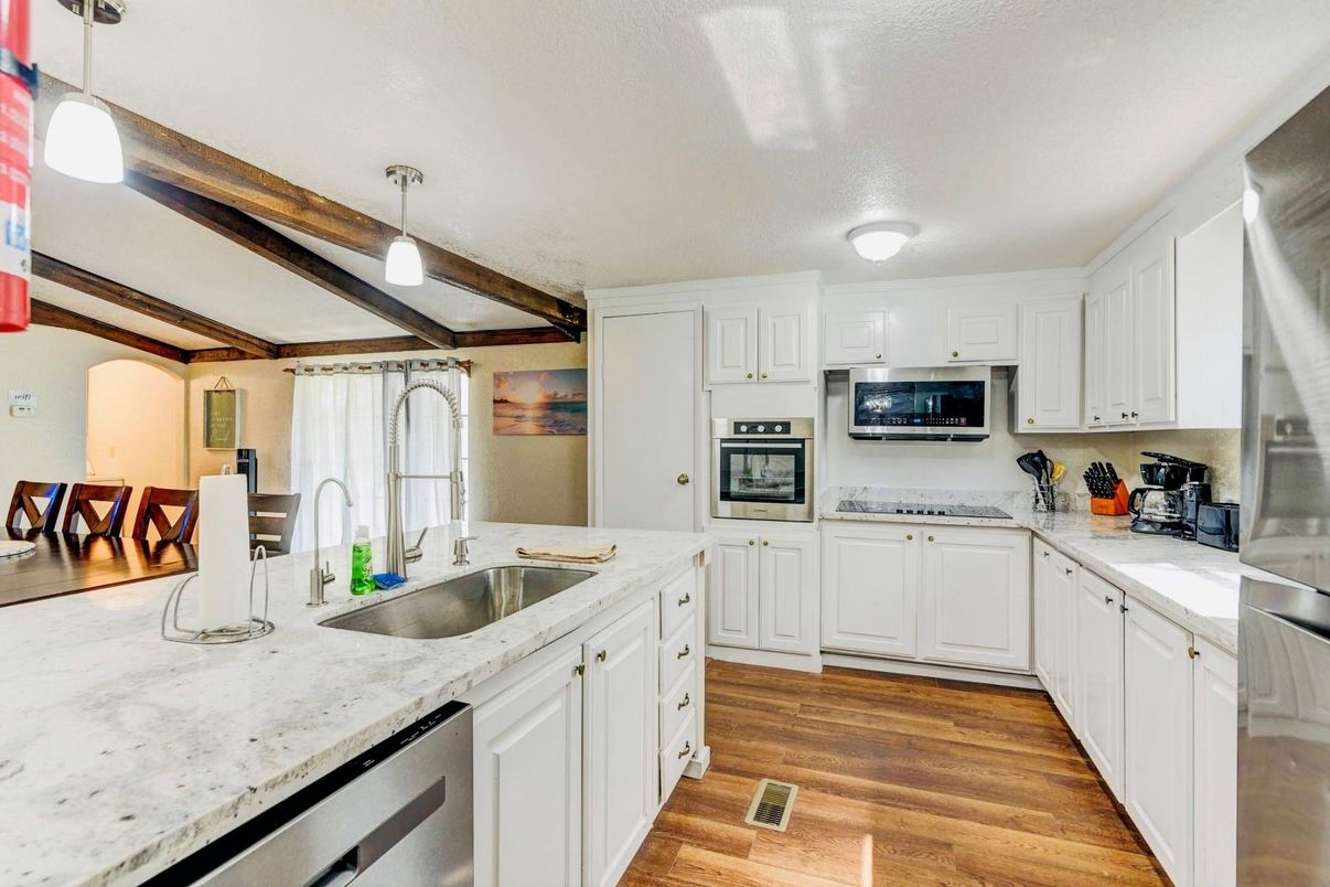 Interior, Kitchen, Pendant Lights, Stainless Steel Appliances, Wooden Beams, Wood Texture Flooring