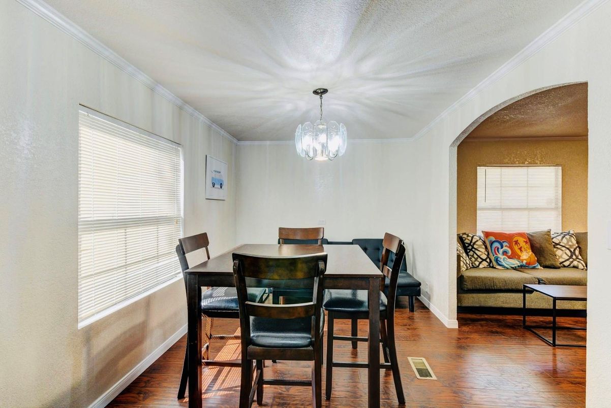 Dining room, Interior, Pendant Lights, Wood Texture Flooring