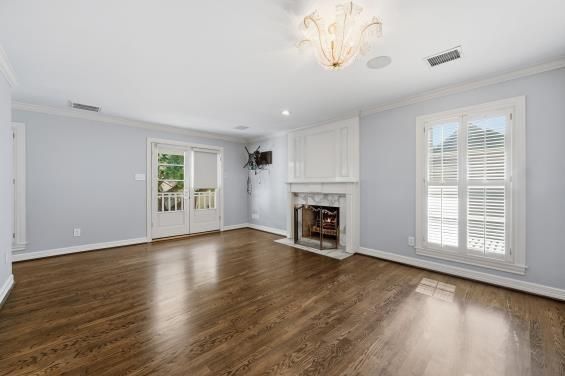 Empty room, Fireplace, Interior, Recessed Lighting, Wood Texture Flooring