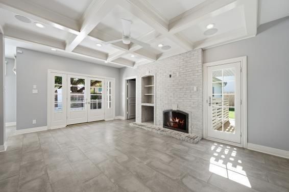 Empty room, Fireplace, Interior, Recessed Lighting, Stone Walls