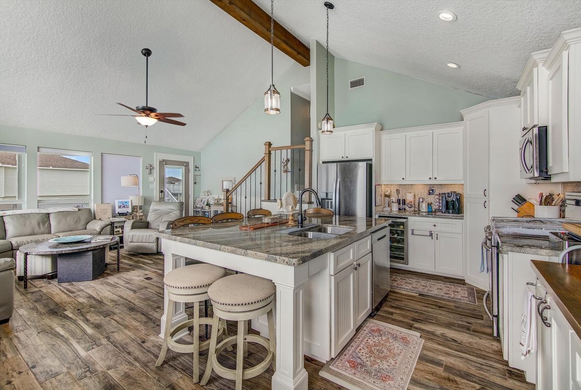 Interior, Kitchen, Living room, Pendant Lights, Recessed Lighting, Stainless Steel Appliances, Wood Texture Flooring