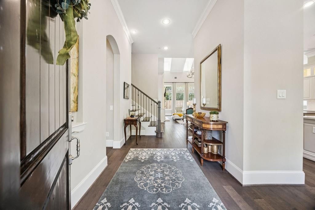 Chandelier, Dining room, Fireplace, Interior, Living room, Recessed Lighting, Wood Texture Flooring