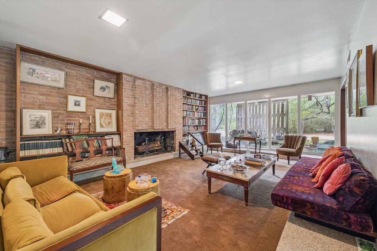 Fireplace, Interior, Living room, Recessed Lighting, Stone Walls