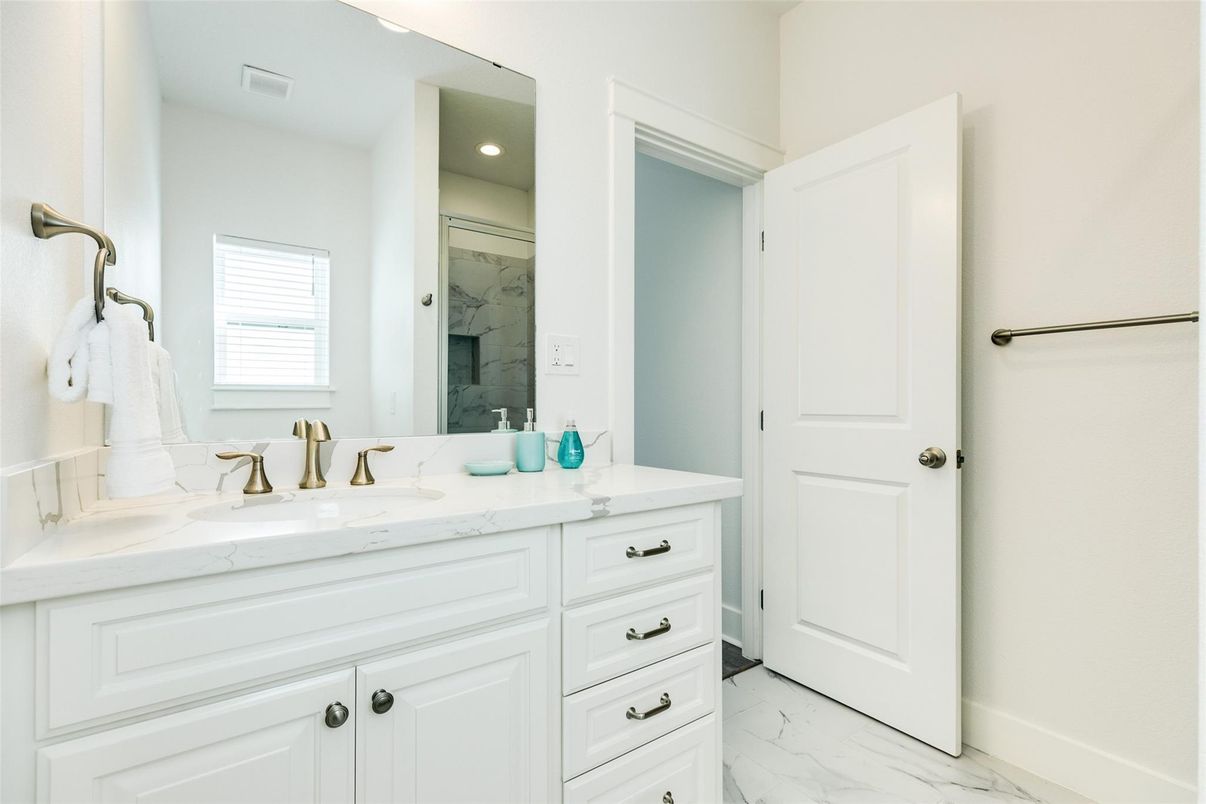 Bathroom, Dual Sink Vanities, Interior, Marble, Recessed Lighting