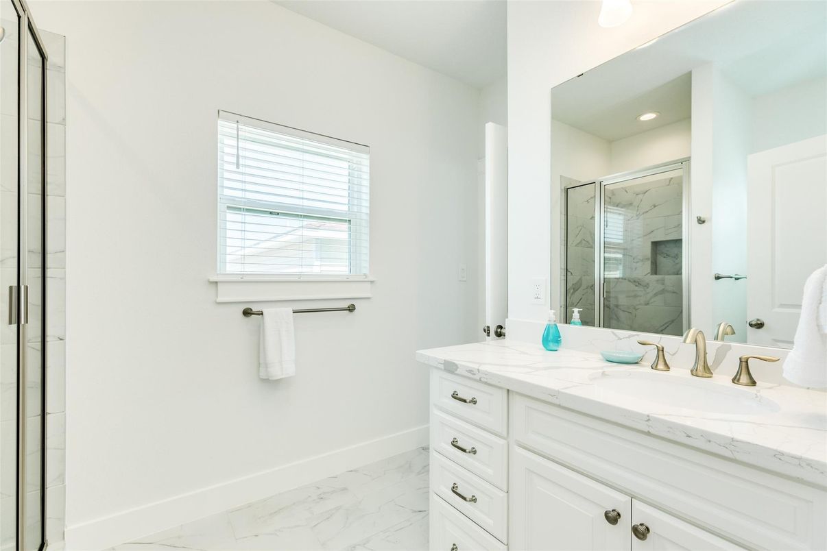 Bathroom, Glass Shower, Interior, Marble, Marble Walls, Recessed Lighting