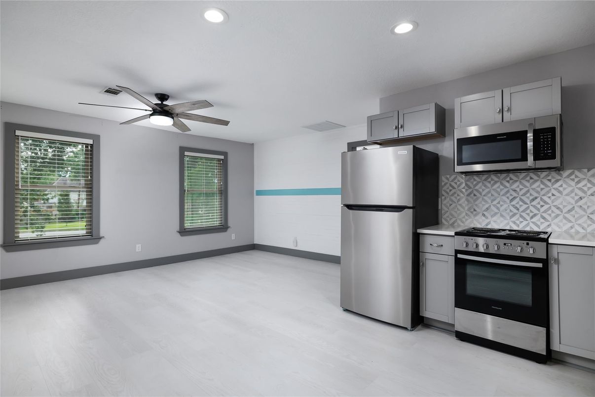 Interior, Kitchen, Recessed Lighting, Stainless Steel Appliances, Wood Texture Flooring