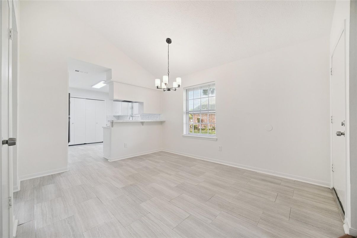 Chandelier, Empty room, Interior, Kitchen, Pendant Lights, Wood Texture Flooring