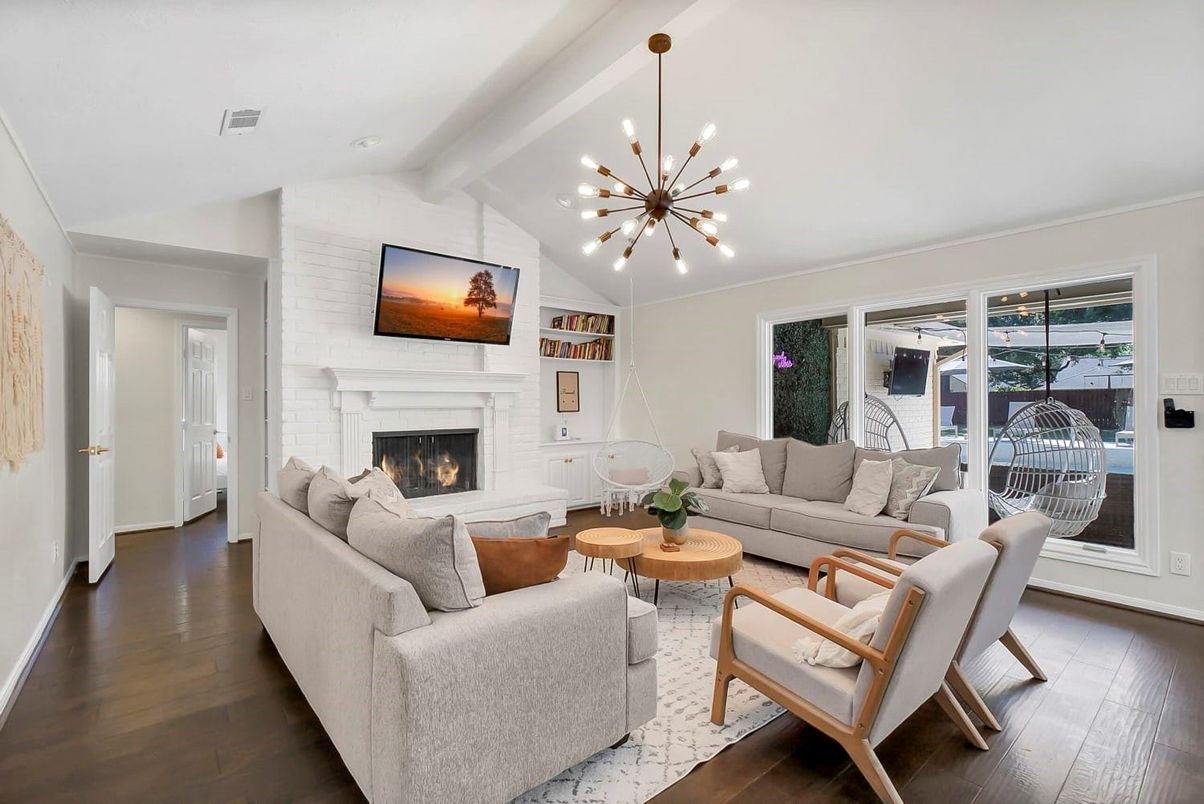 Fireplace, Interior, Living room, Pendant Lights, Wood Texture Flooring