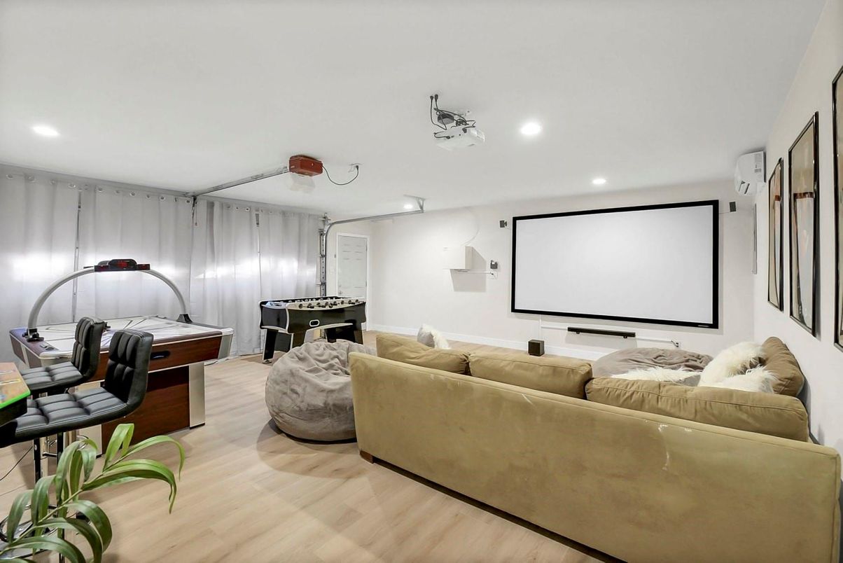 Game Room, Interior, Projection Screen, Recessed Lighting, Wood Texture Flooring