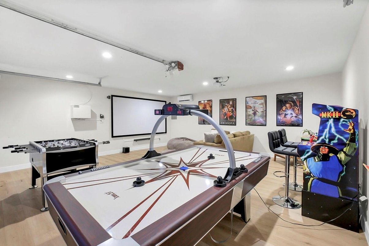 Game Room, Interior, Projection Screen, Recessed Lighting, Wood Texture Flooring