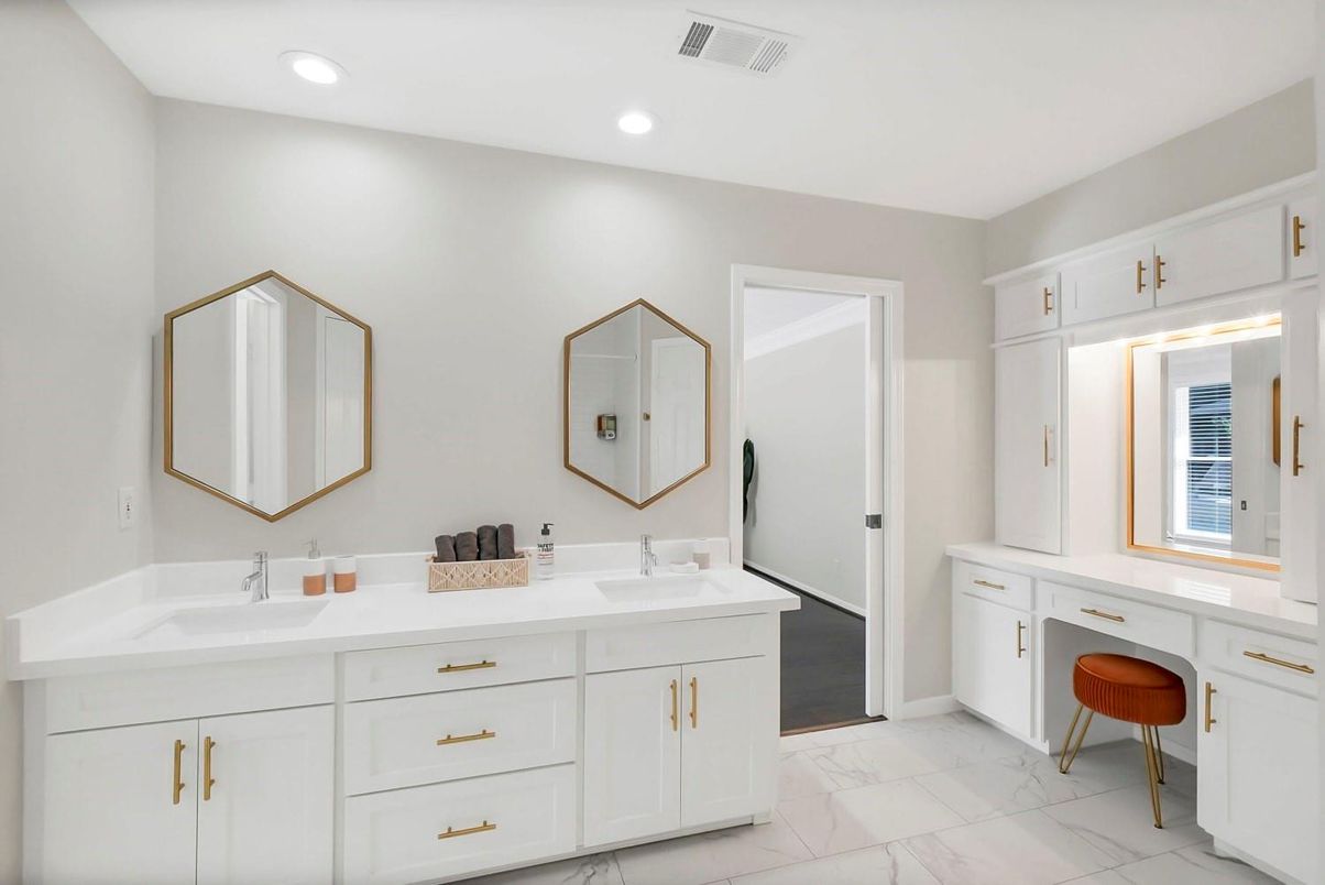 Bathroom, Dual Sink Vanities, Interior, Marble, Recessed Lighting
