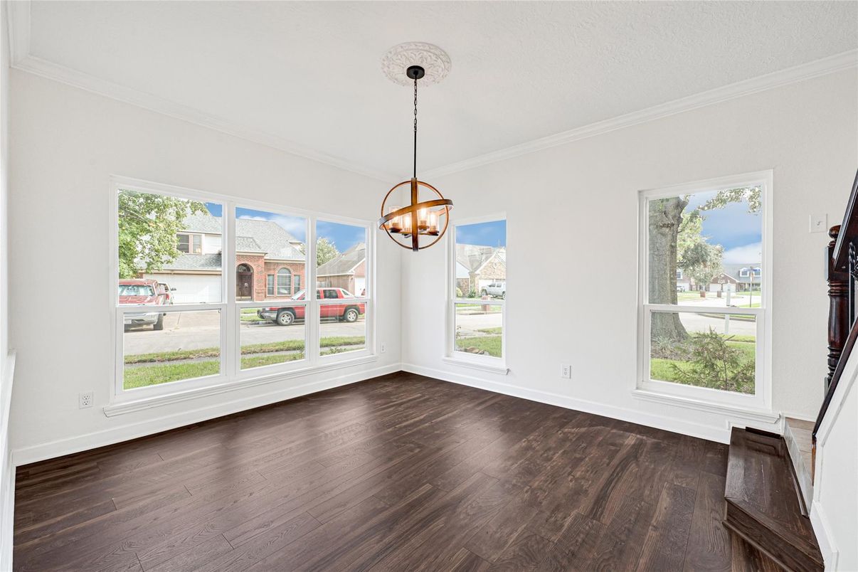 Chandelier, Empty room, Interior, Pendant Lights, Wood Texture Flooring