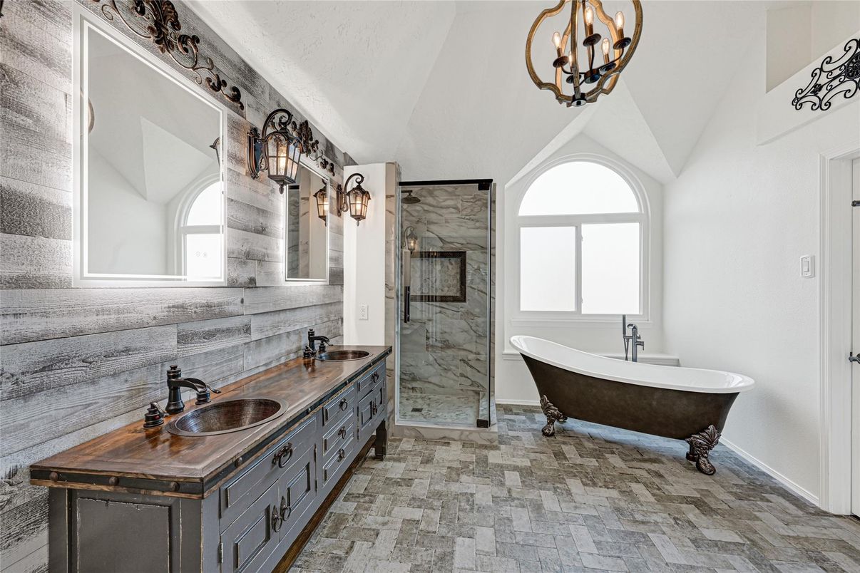 Bathroom, Chandelier, Dual Sink Vanities, Free Standing Baths, Interior, Marble Walls