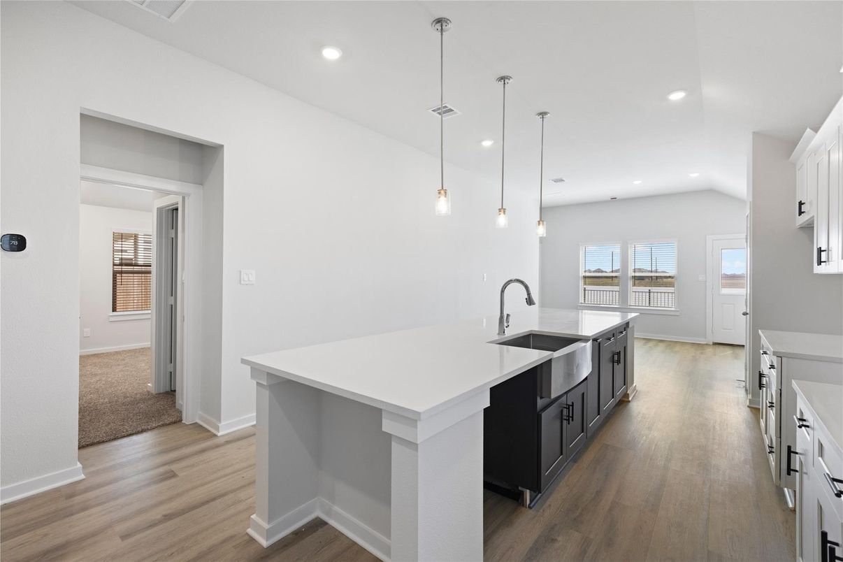 Interior, Kitchen, Pendant Lights, Recessed Lighting, Wood Texture Flooring