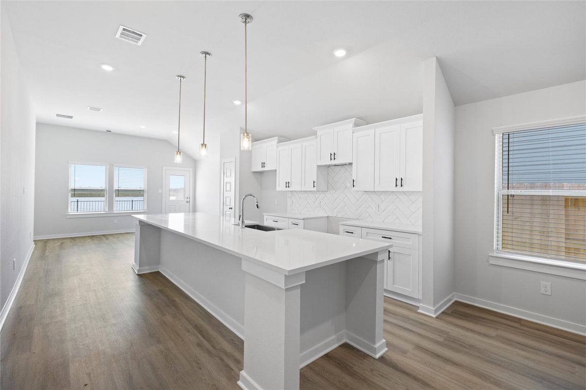 Interior, Kitchen, Marble Walls, Pendant Lights, Recessed Lighting, Wood Texture Flooring
