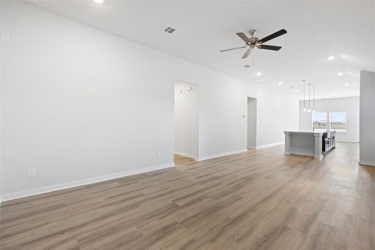 Empty room, Interior, Kitchen, Pendant Lights, Recessed Lighting, Wood Texture Flooring