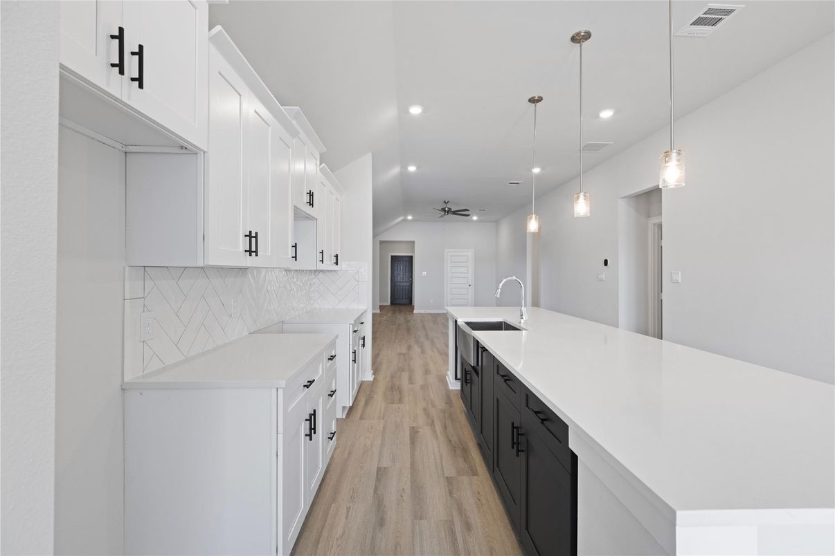 Interior, Kitchen, Pendant Lights, Recessed Lighting, Wood Texture Flooring