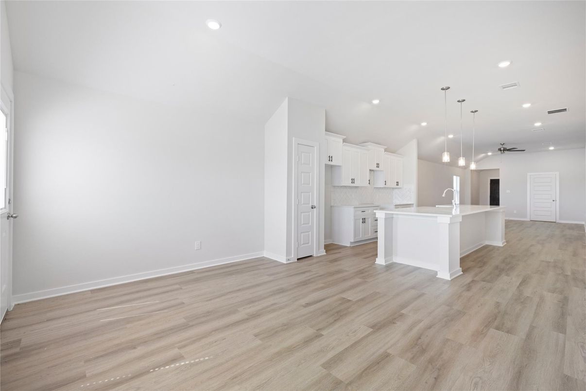 Empty room, Interior, Kitchen, Pendant Lights, Recessed Lighting, Wood Texture Flooring