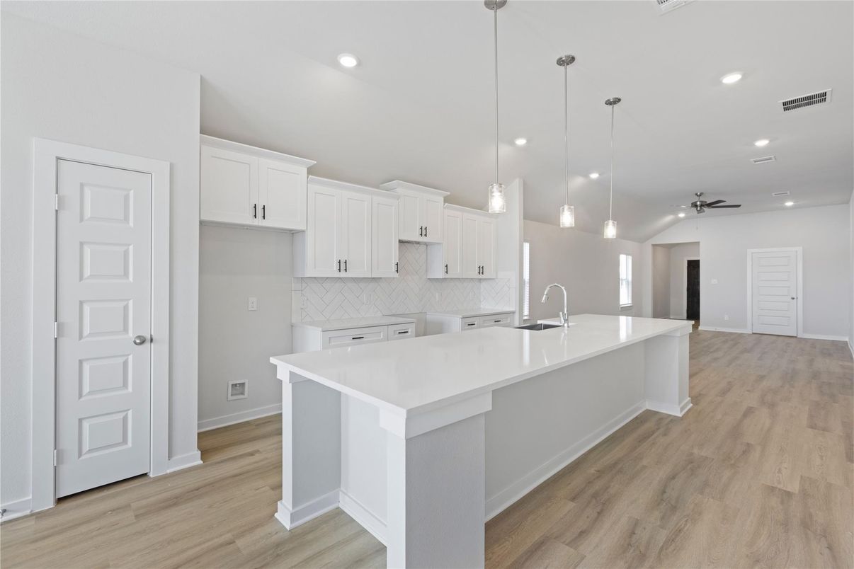 Interior, Kitchen, Pendant Lights, Recessed Lighting, Wood Texture Flooring