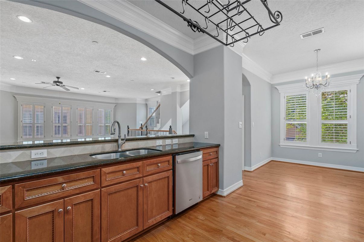 Chandelier, Interior, Kitchen, Recessed Lighting, Wood Texture Flooring