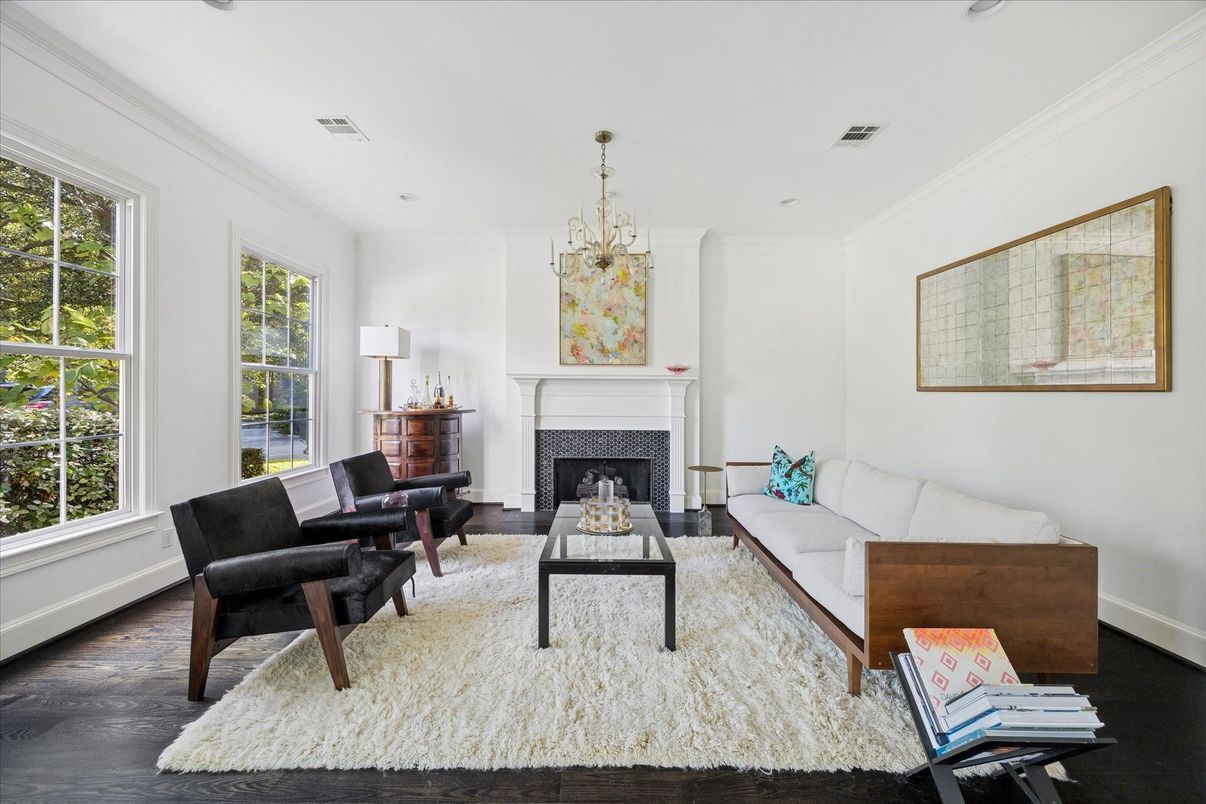 Chandelier, Fireplace, Interior, Living room, Recessed Lighting, Wood Texture Flooring