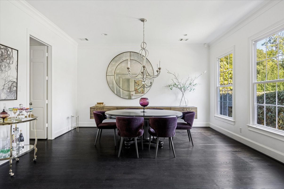 Chandelier, Dining room, Interior, Recessed Lighting, Wood Texture Flooring