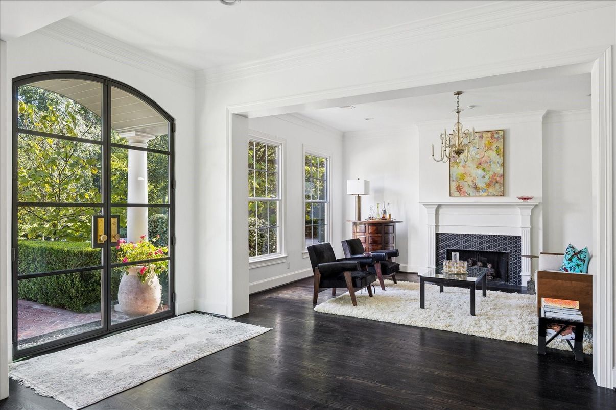 Chandelier, Fireplace, Interior, Living room, Recessed Lighting, Wood Texture Flooring