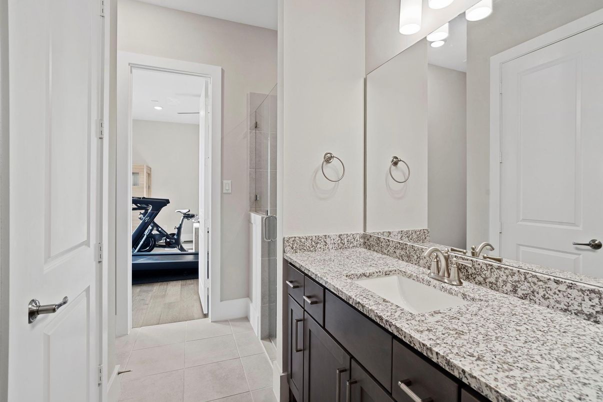 Bathroom, Dual Sink Vanities, Interior, Recessed Lighting, Wood Texture Flooring