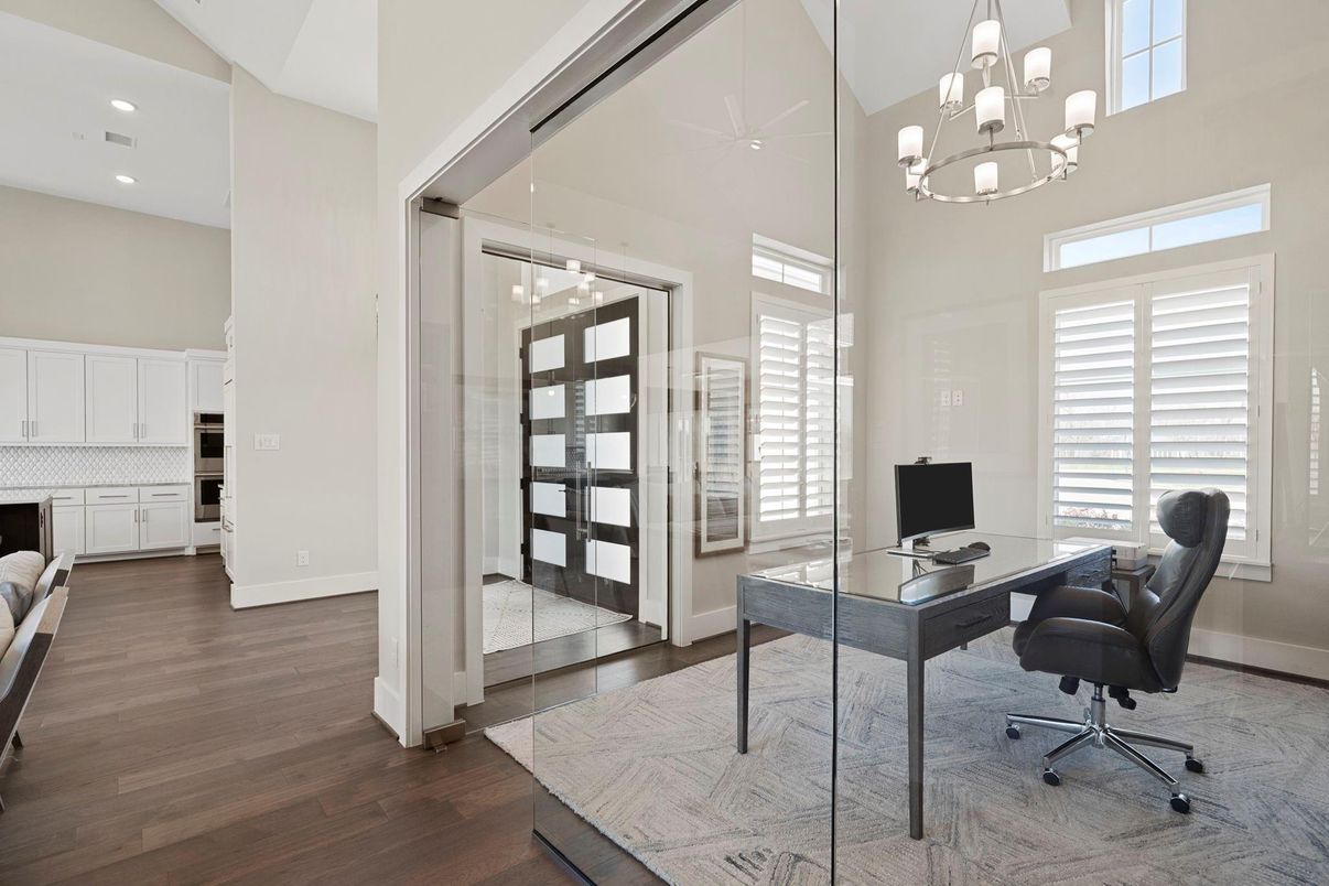 Chandelier, Home Office, Interior, Recessed Lighting, Wood Texture Flooring