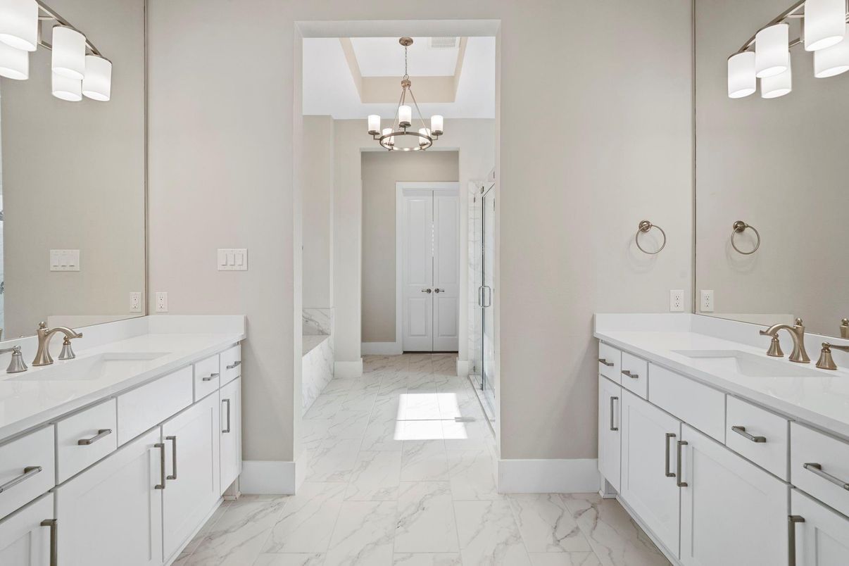 Bathroom, Chandelier, Dual Sink Vanities, Interior, Marble