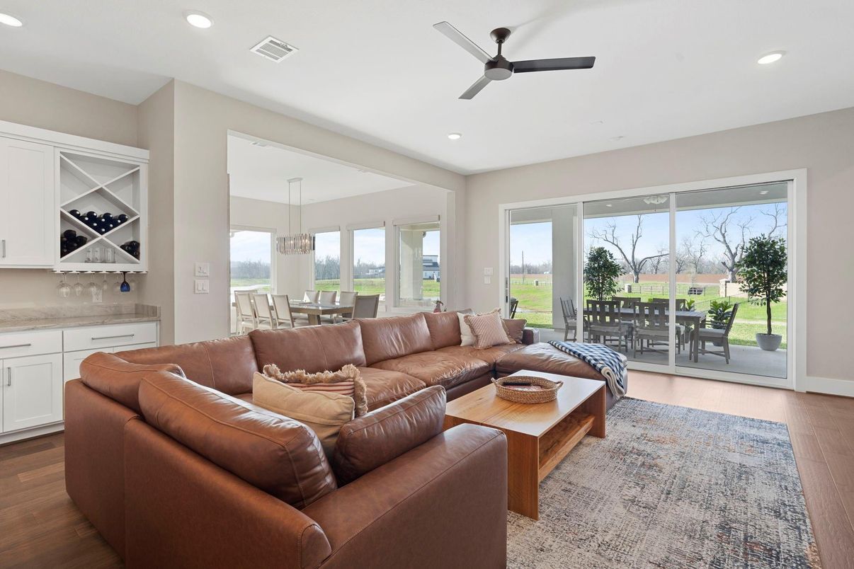 Dining room, Interior, Living room, Pendant Lights, Recessed Lighting, Wood Texture Flooring