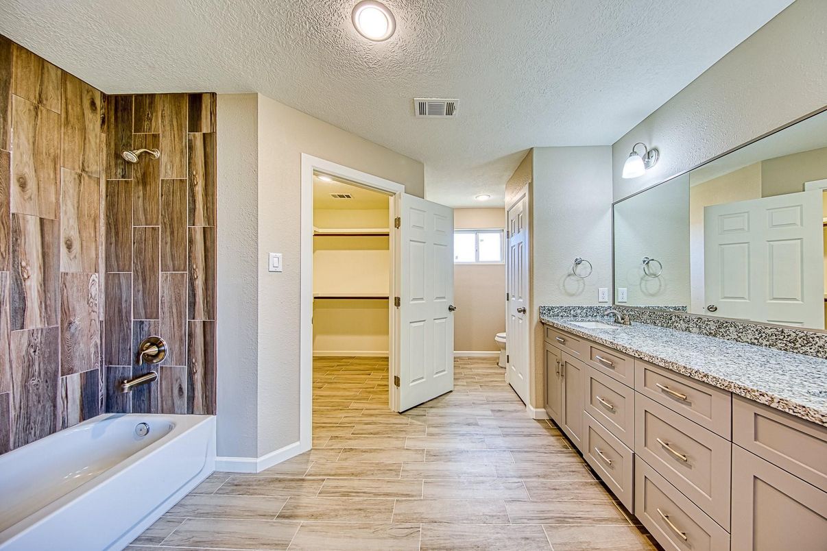 Bathroom, Dual Sink Vanities, Interior, Recessed Lighting, Wood Texture Flooring