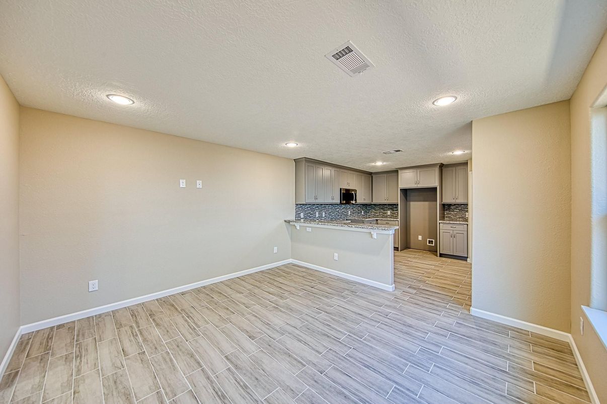 Empty room, Interior, Kitchen, Recessed Lighting, Wood Texture Flooring
