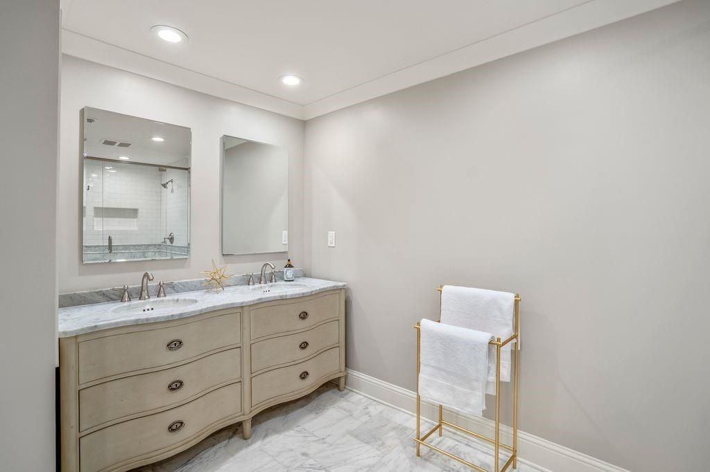 Bathroom, Dual Sink Vanities, Interior, Marble, Recessed Lighting