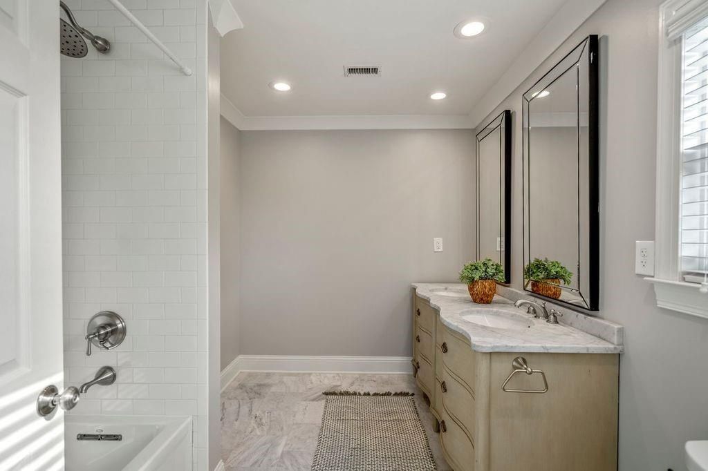 Bathroom, Dual Sink Vanities, Interior, Marble, Recessed Lighting