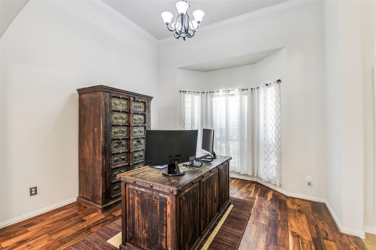 Chandelier, Home Office, Interior, Wood Texture Flooring