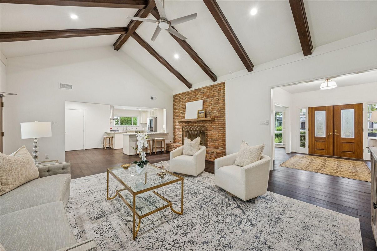 Fireplace, Interior, Living room, Recessed Lighting, Stone Walls, Wooden Beams, Wood Texture Flooring