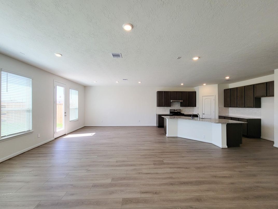 Empty room, Interior, Kitchen, Recessed Lighting, Wood Texture Flooring