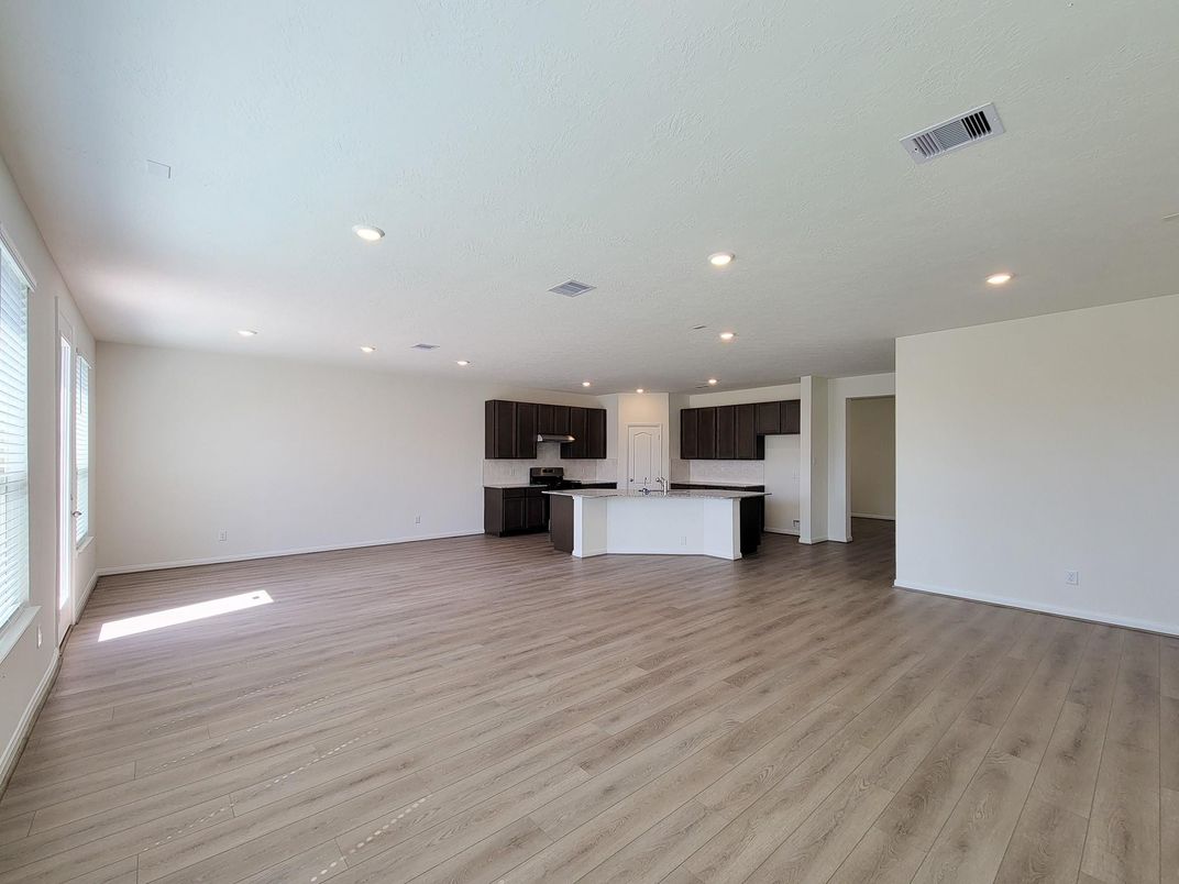 Empty room, Interior, Kitchen, Recessed Lighting, Wood Texture Flooring