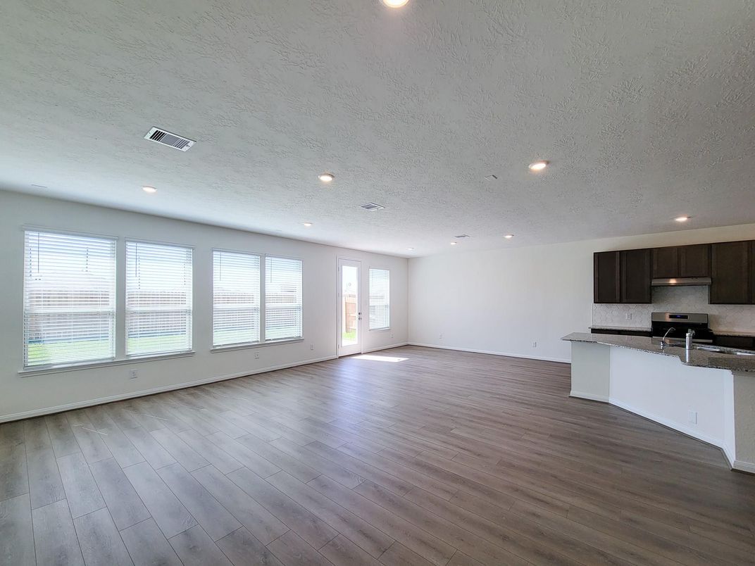 Empty room, Interior, Kitchen, Recessed Lighting, Wood Texture Flooring