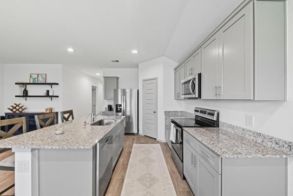 Interior, Kitchen, Recessed Lighting, Stainless Steel Appliances, Wood Texture Flooring