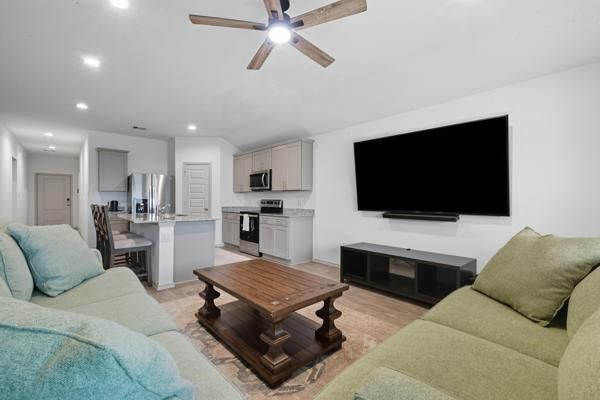 Interior, Kitchen, Living room, Recessed Lighting, Stainless Steel Appliances, Wood Texture Flooring