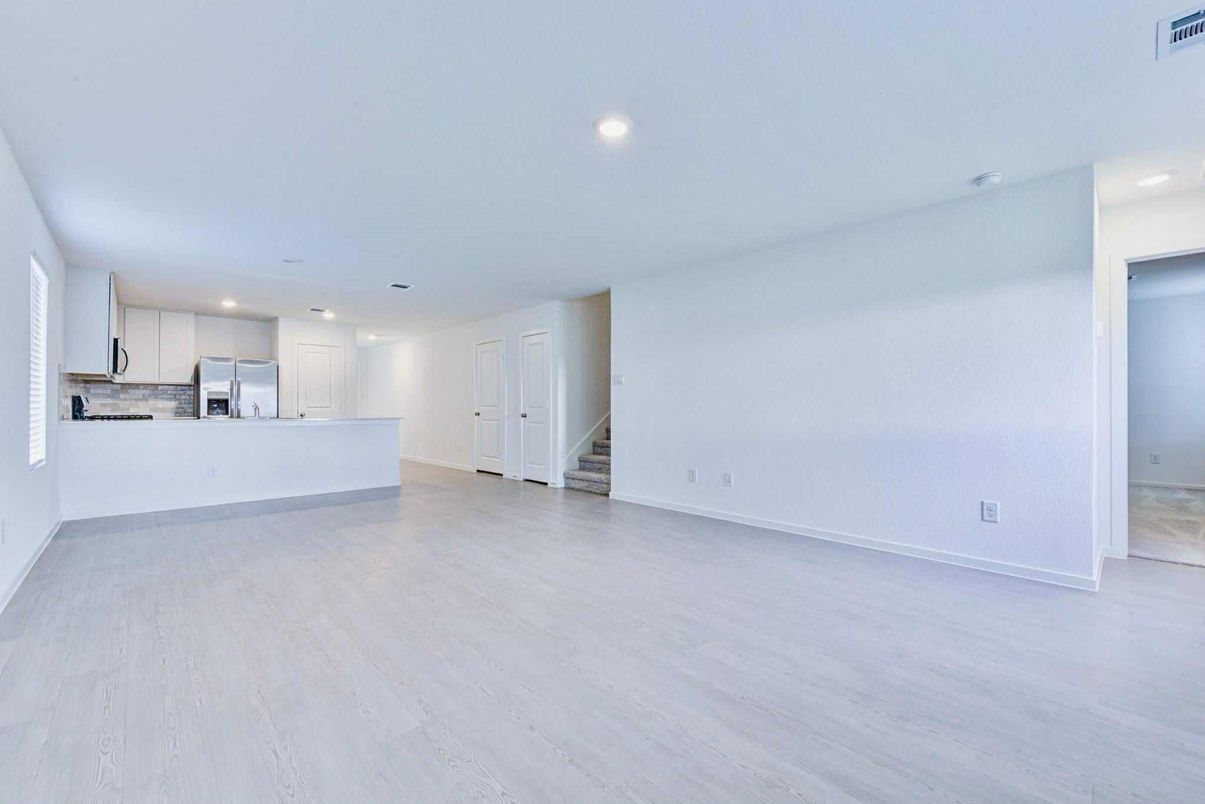 Empty room, Interior, Kitchen, Recessed Lighting, Wood Texture Flooring