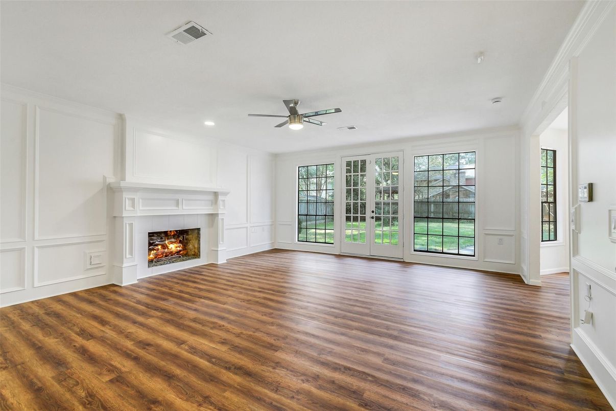 Empty room, Fireplace, Interior, Recessed Lighting, Wood Texture Flooring