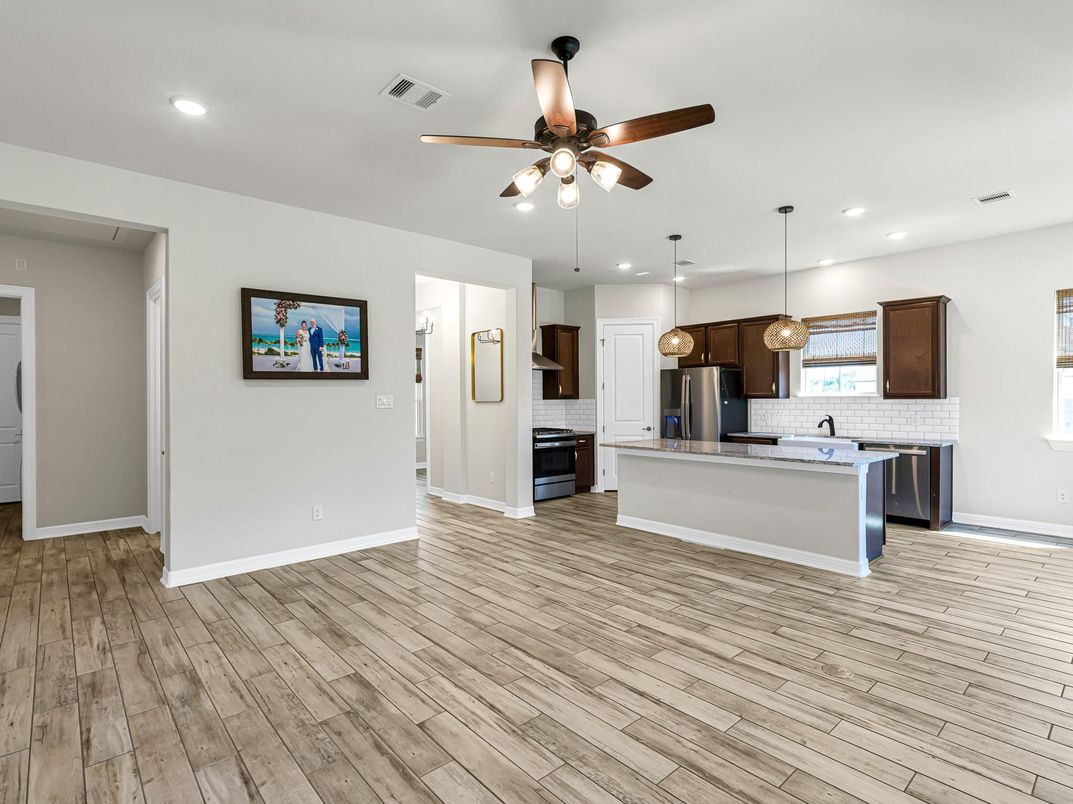 Interior, Kitchen, Pendant Lights, Recessed Lighting, Stainless Steel Appliances, Wood Texture Flooring